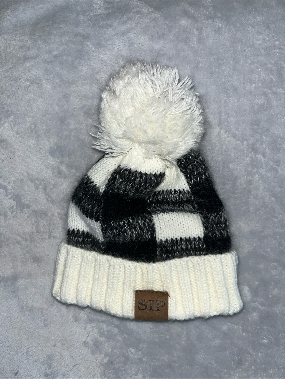 Kids Black & White Checker Pom Knit Beanie with SIP Patch